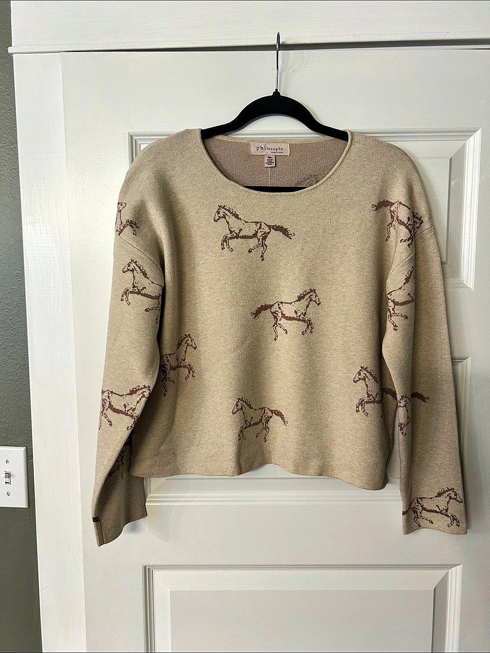 Philosophy Horse Print Crewneck Sweater in Beige Size Medium NWT